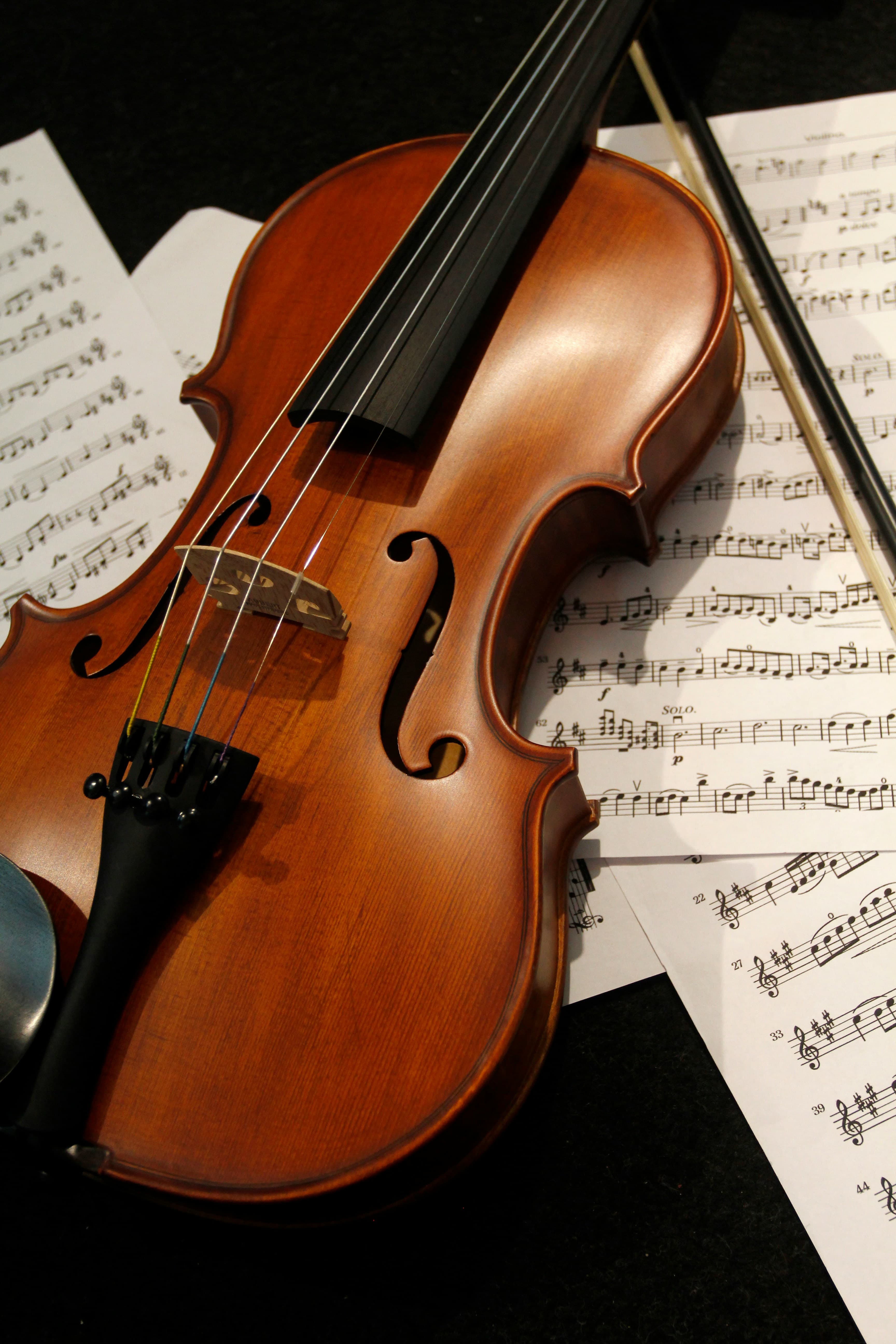 A violin resting on sheet music